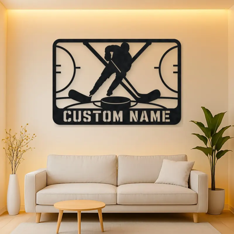 Personalized Ice Hockey Metal Wall Art with Crossed Sticks