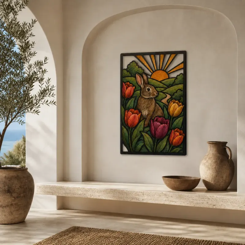 Spring Rabbit among Colorful Tulips at Sunrise Metal Wall Art
