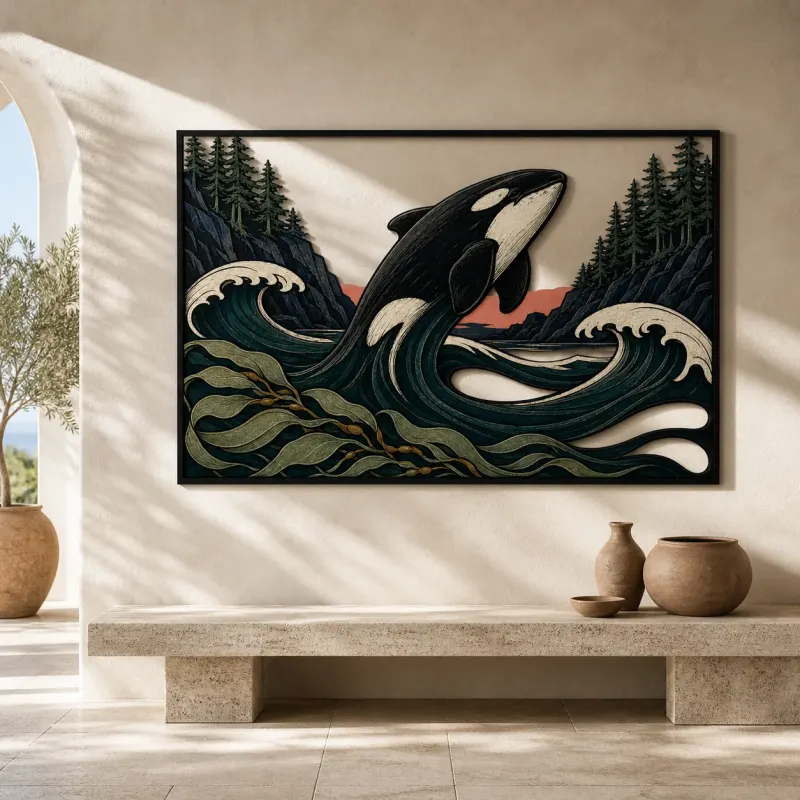 Orca Leaping through Ocean Waves by Pine Forest Colorful Metal Wall Art