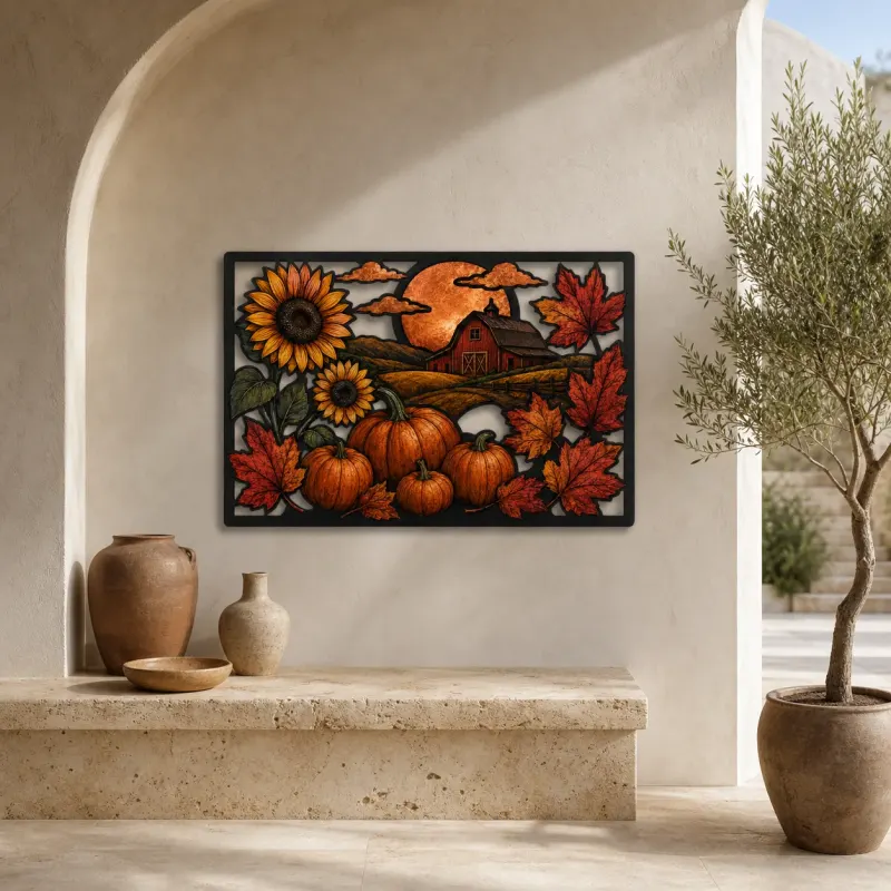 Autumn Pumpkins with Sunflowers by Red Barn Colorful Metal Wall Art