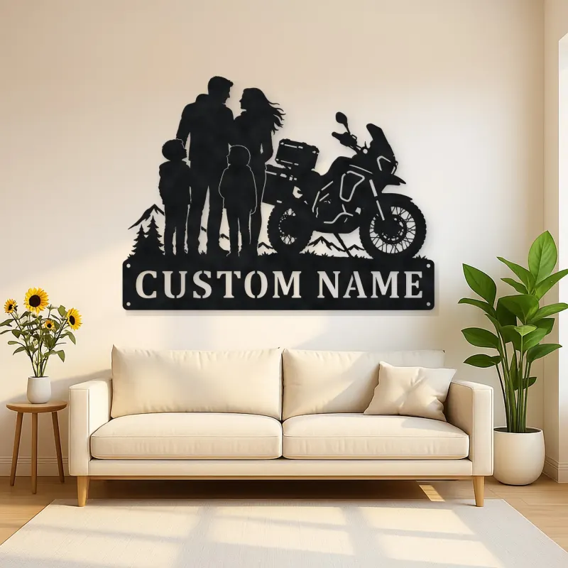 Personalized Adventure Motorcycle Mountain Family Metal Wall Art