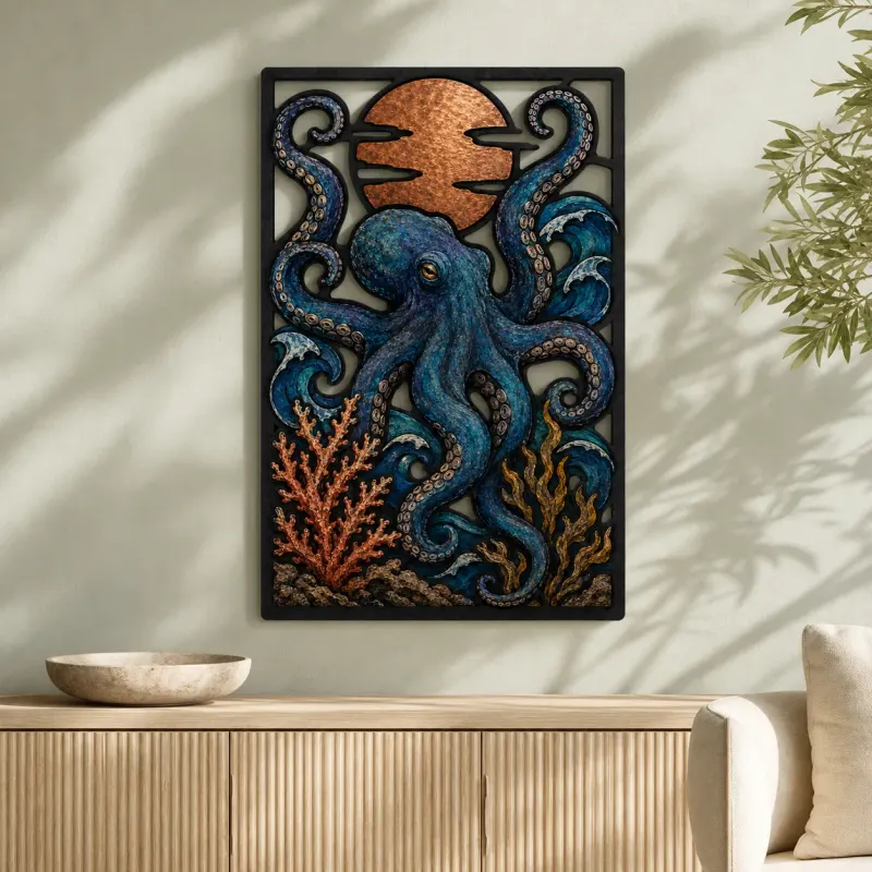 Blue Octopus with Coral and Copper Moon Colorful Metal Wall Art