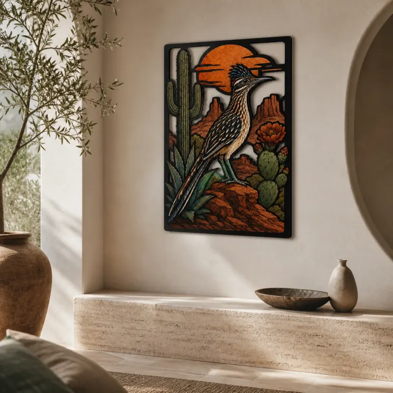 Roadrunner with Cactus in Desert Sunset Colorful Metal Wall Art
