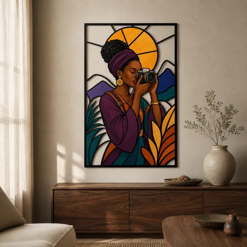 Fotógrafa Negra en Paisaje Montañoso Arte Mural de Metal Colorido