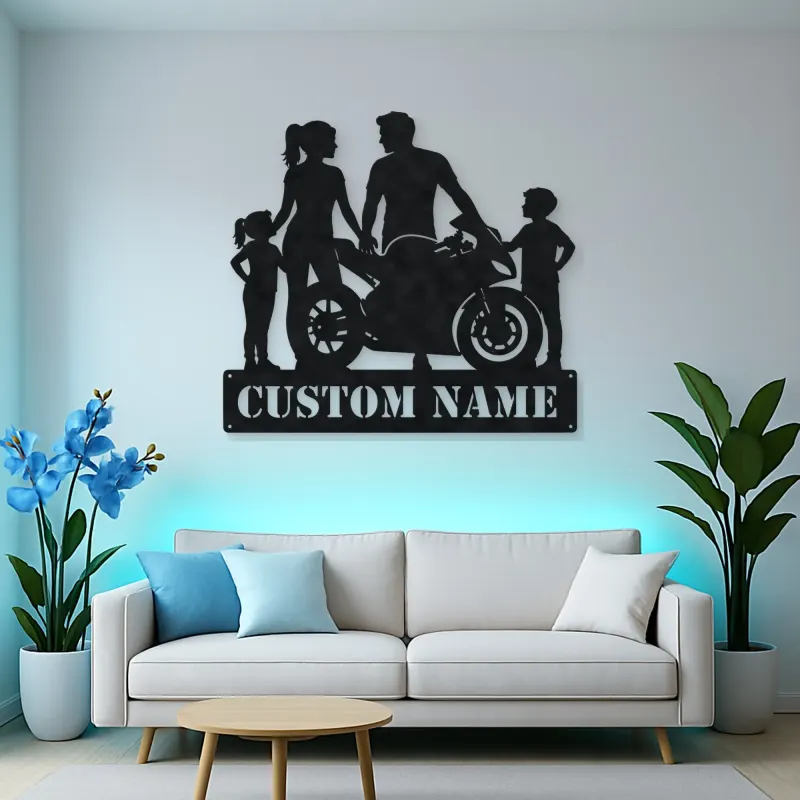 Personalized Sport Motorcycle Family of Four Metal Wall Art
