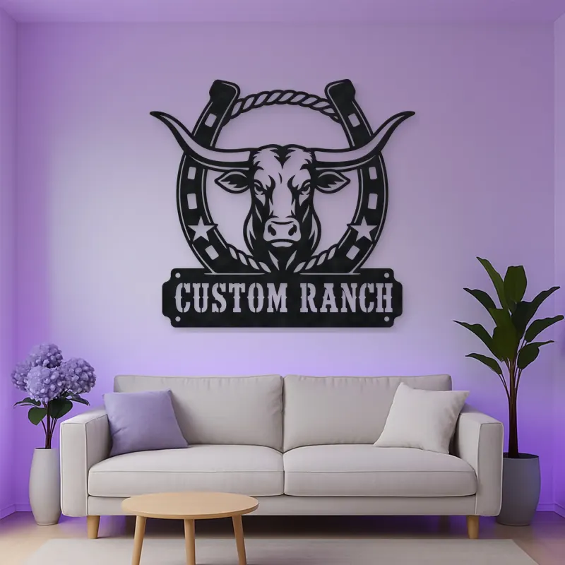 Personalized Longhorn Ranch Metal Wall Art with Horseshoe Frame