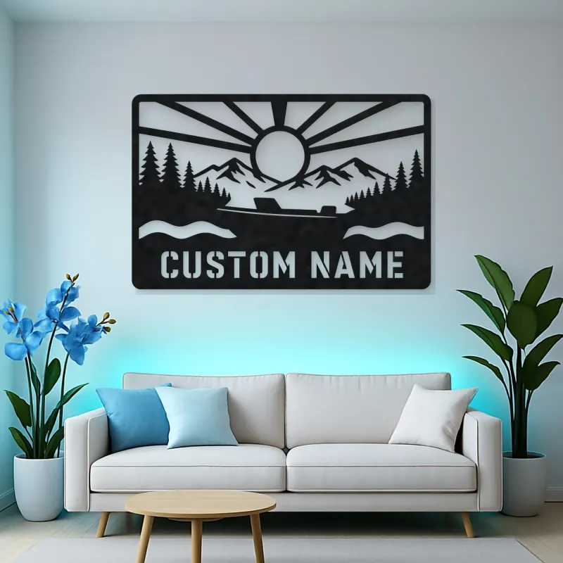 Personalized Speedboat Metal Wall Art with Mountain Lake