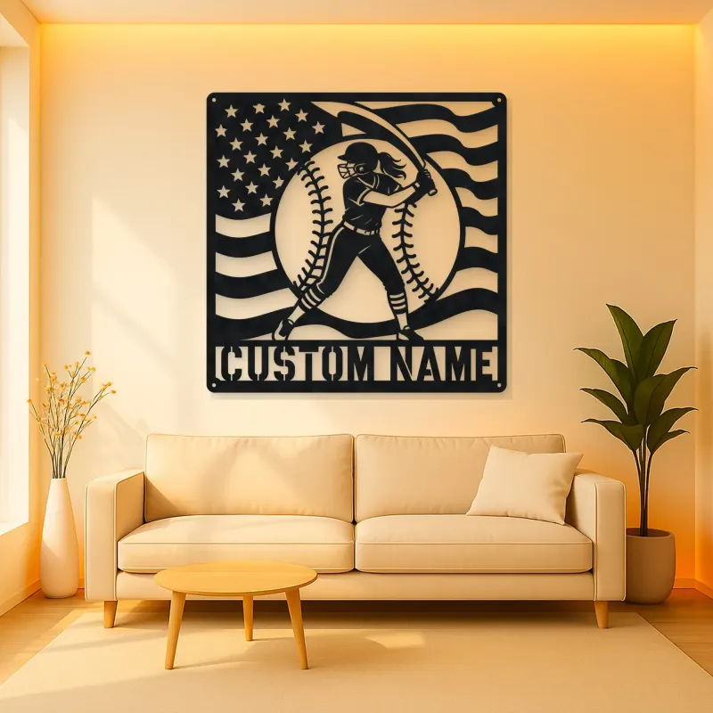 Personalized Female Softball Follow Through Flag Metal Wall Art