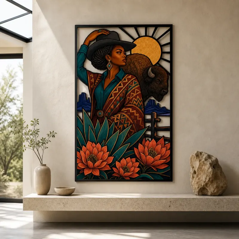 Black Cowgirl with Bison and Protea Flowers Colorful Metal Wall Art