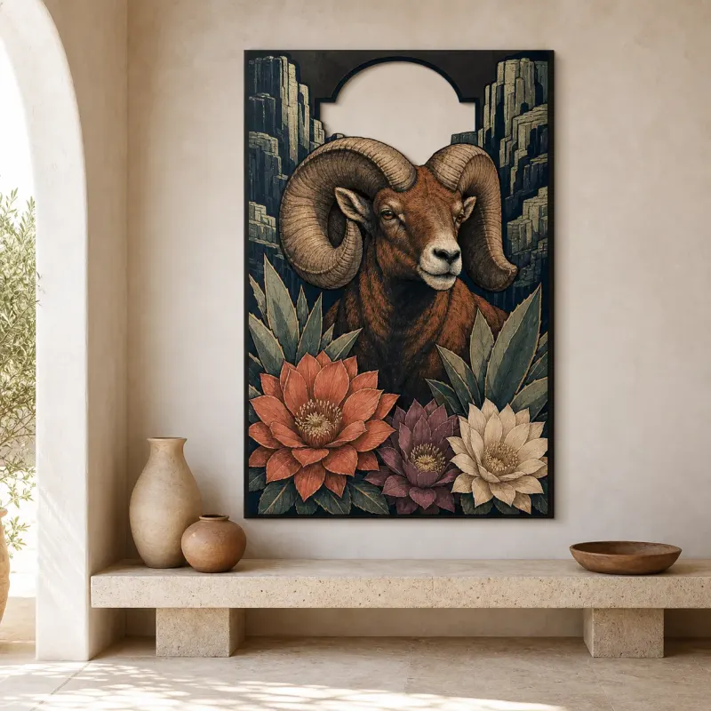 Bighorn Ram with Succulents and Mountain Cliffs Colorful Metal Wall Art