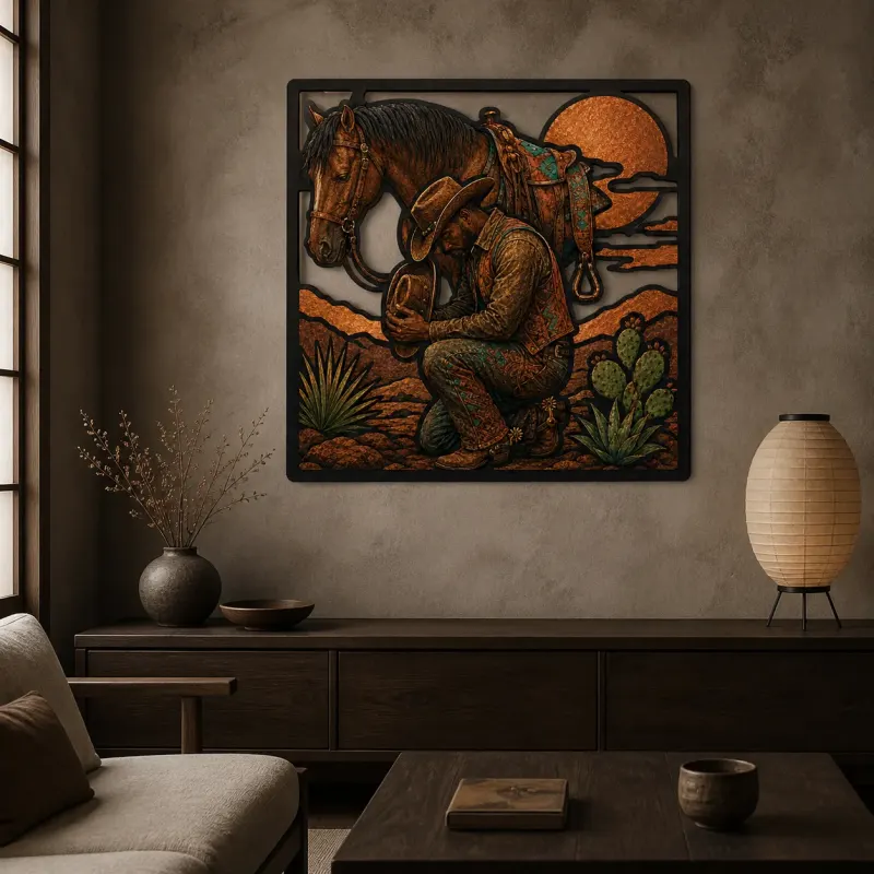 Praying Cowboy beside Saddled Horse at Sunset Colorful Metal Wall Art