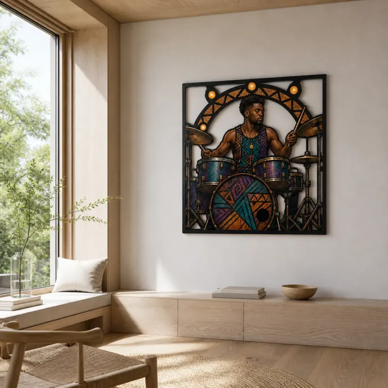 Black Drummer Performing in Colorful Art Deco Style Metal Wall Decor