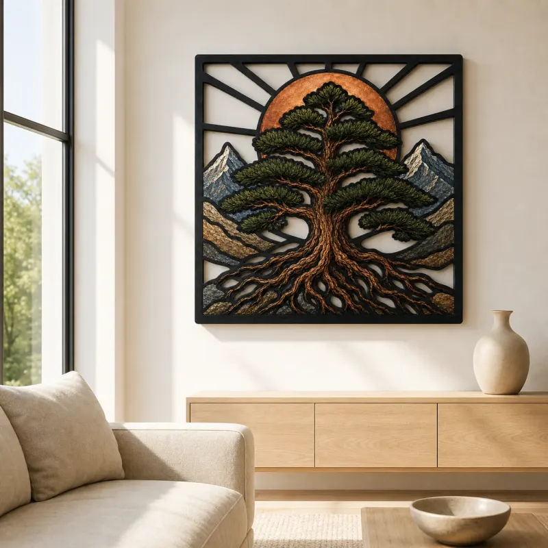 Mountain Pine Tree of Life with Radiant Sun Colorful Metal Wall Art