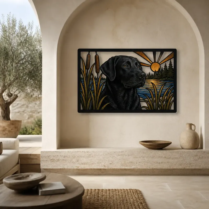 Black Labrador by Lake Cattails at Sunrise Colorful Metal Wall Art
