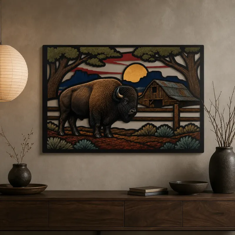 Bison beside Rustic Ranch Barn at Sunset Colorful Metal Wall Art