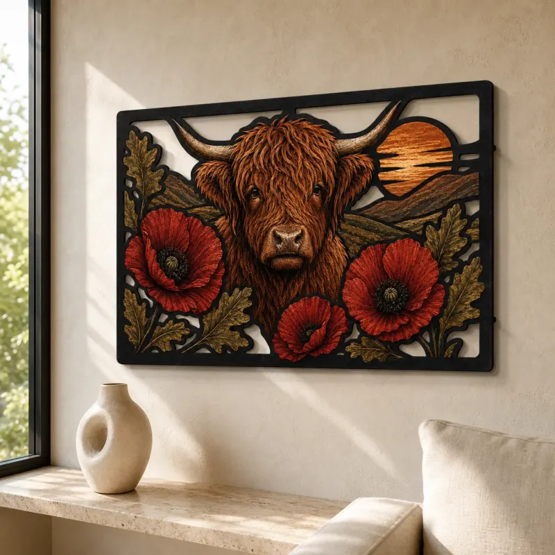 Highland Cow with Red Poppies and Oak Leaves Colorful Metal Wall Art