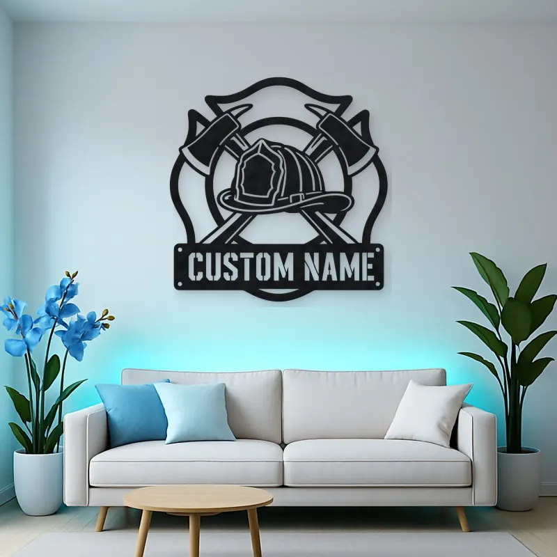 Personalized Firefighter Helmet Metal Wall Art with Crossed Axes