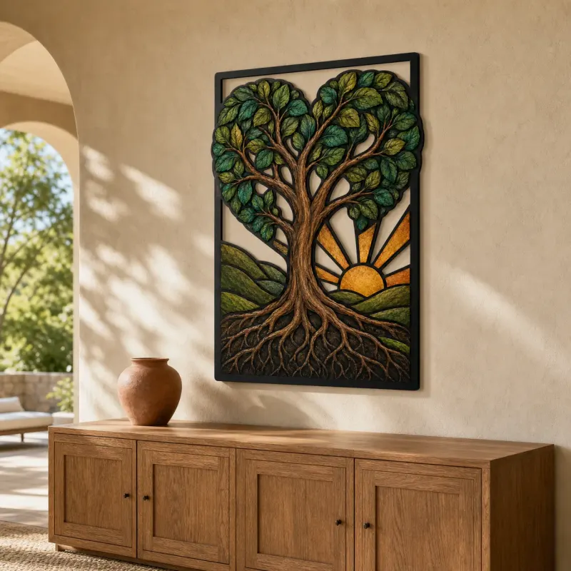 Heart Shaped Tree of Life at Sunrise Colorful Metal Wall Art
