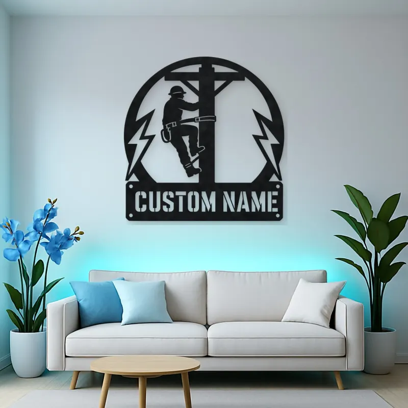 Personalized Electrical Lineman Metal Wall Art with Utility Pole