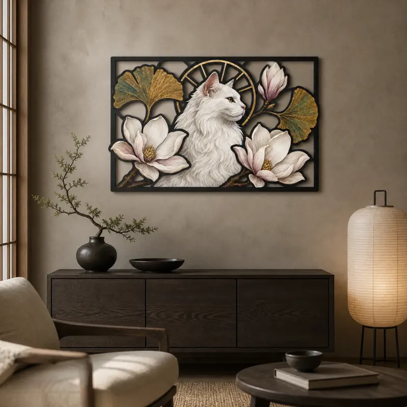 White Longhair Cat with Magnolia Flowers Colorful Metal Wall Art