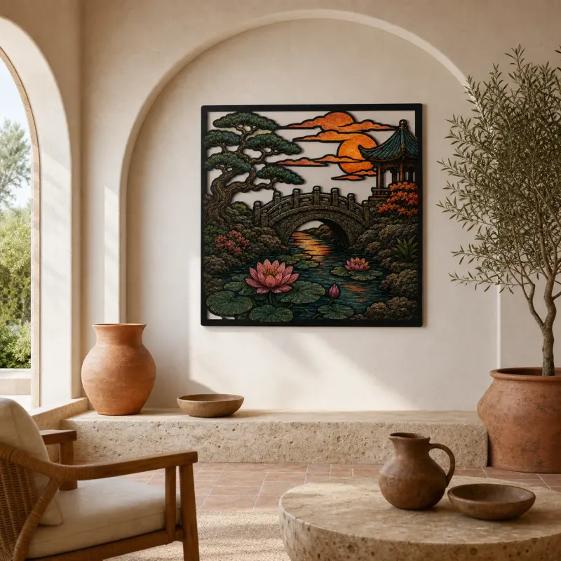 Japanese Garden Bridge with Pine and Sunset Colorful Metal Wall Art