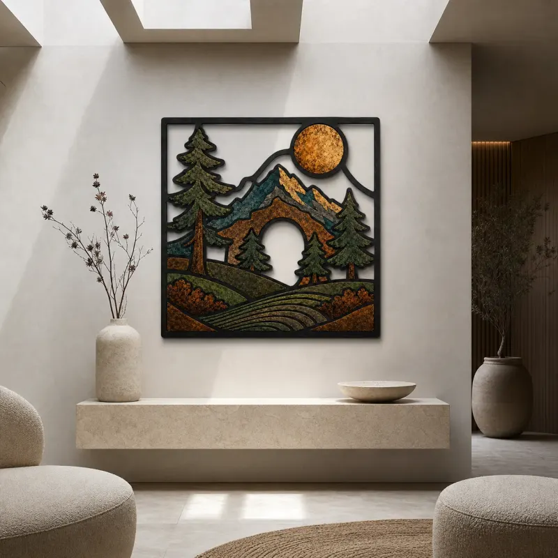 Mid Century Mountain Forest with Full Moon Colorful Metal Wall Art
