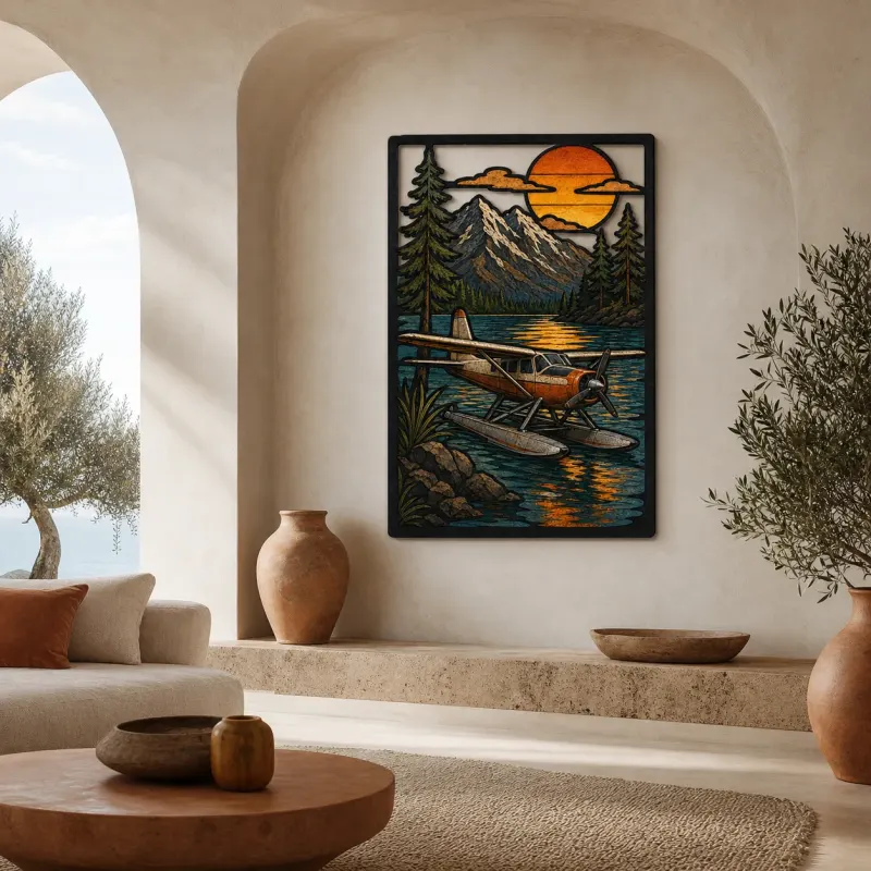Vintage Seaplane on Mountain Lake at Sunset Colorful Metal Wall Art