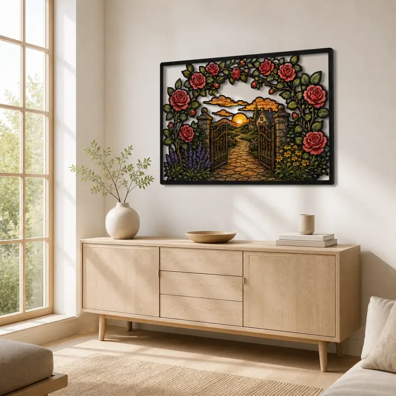 Rose Garden Gate Leading to Country Cottage Colorful Metal Wall Art