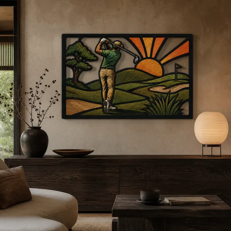 Golfer Teeing Off on Rolling Green Course Colorful Metal Wall Art