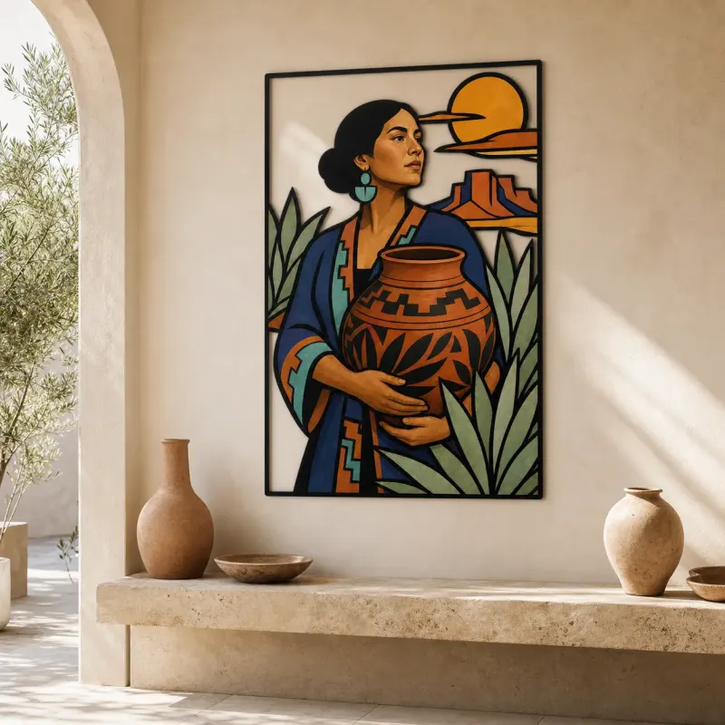 Southwestern Woman Holding Decorative Pottery Colorful Metal Wall Art