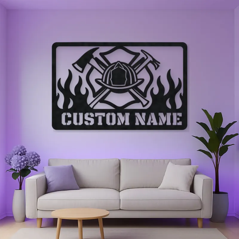Personalized Firefighter Helmet Metal Wall Art with Flames