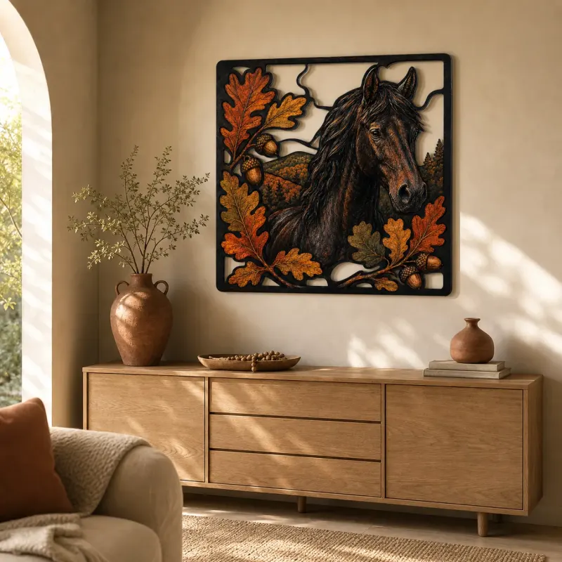 Black Horse with Autumn Oak Leaves Colorful Metal Wall Art