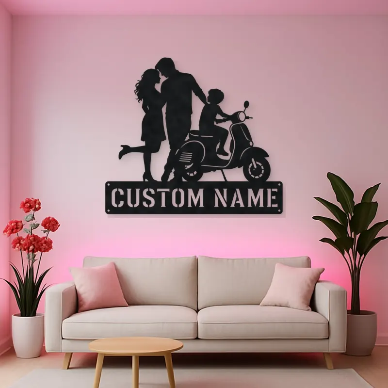 Personalized Scooter Family with Young Rider Metal Wall Art