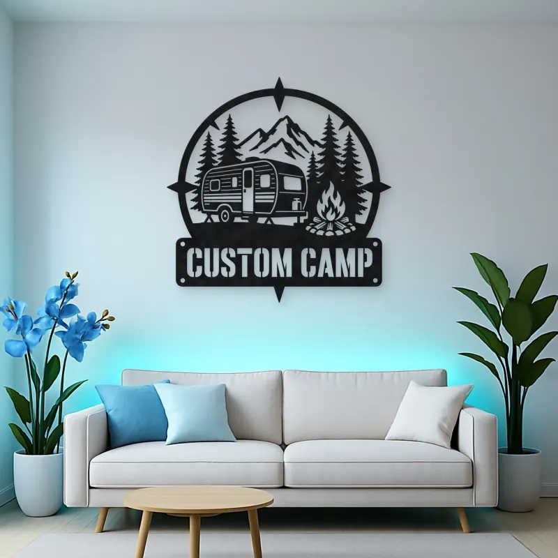 Personalized Travel Trailer Metal Wall Art with Campfire Scene