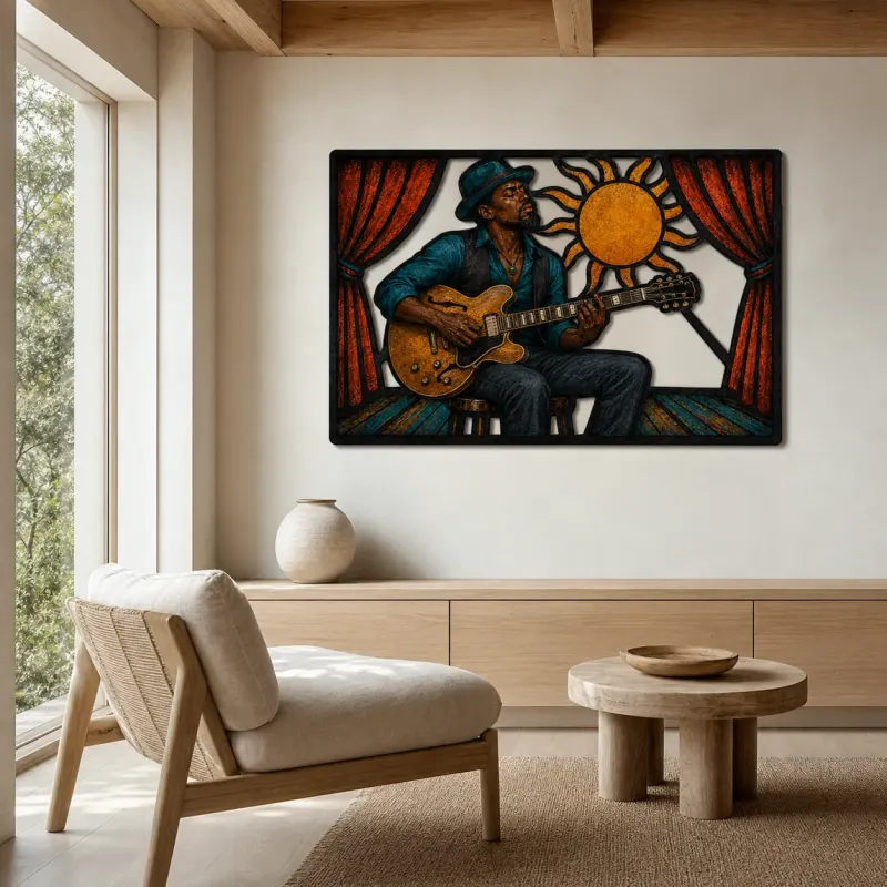 Blues Guitarist Performing beneath Radiant Sun Colorful Metal Wall Art