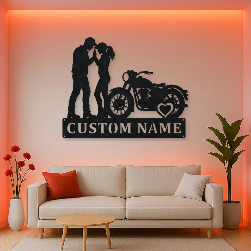 Personalized Vintage Motorcycle Couple Metal Wall Art with Heart