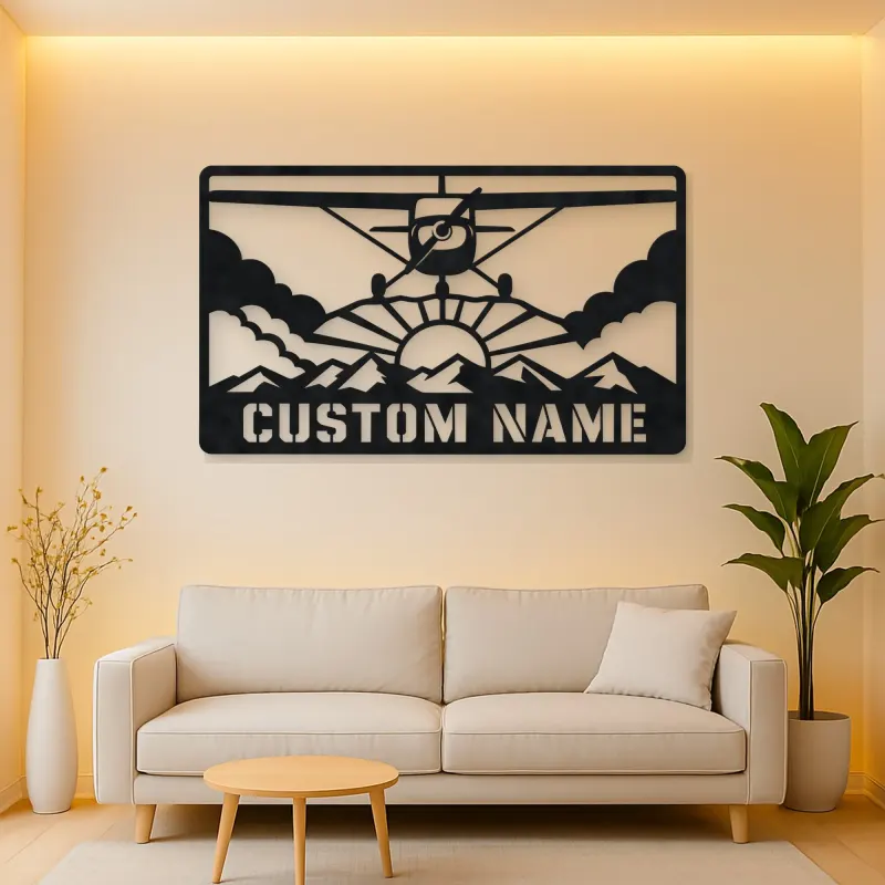 Personalized Propeller Airplane Metal Wall Art with Mountains
