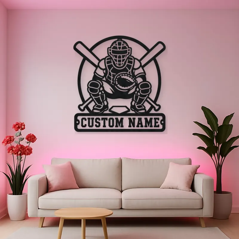 Personalized Baseball Catcher Crossed Bats Metal Wall Art