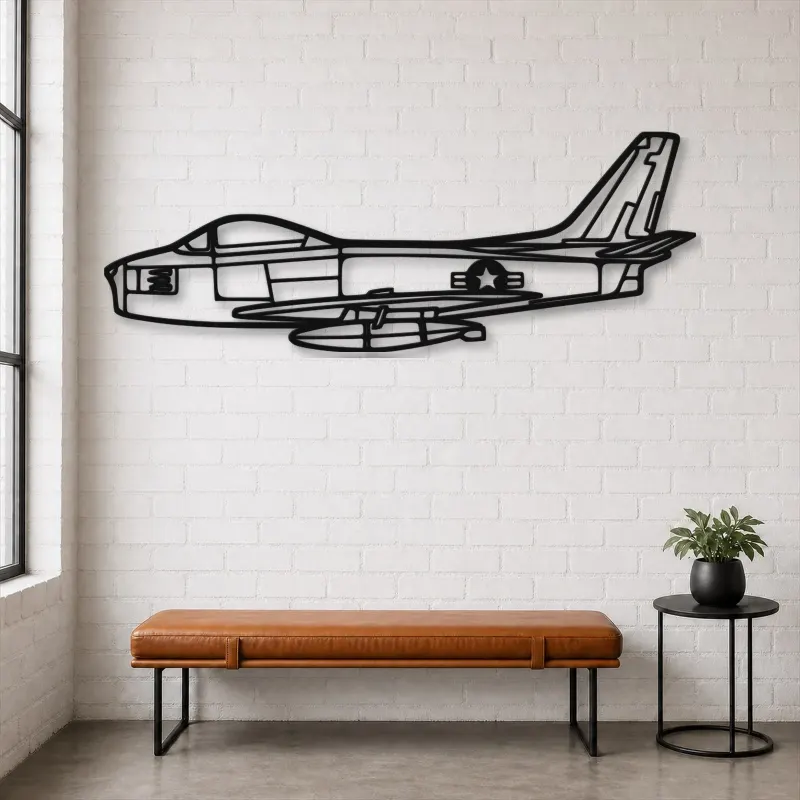 Insegna in metallo silhouette aereo F-86 Sabre, Silhouette di aerei in metallo, Decorazione murale di aviazione, Decorazione per aviatori