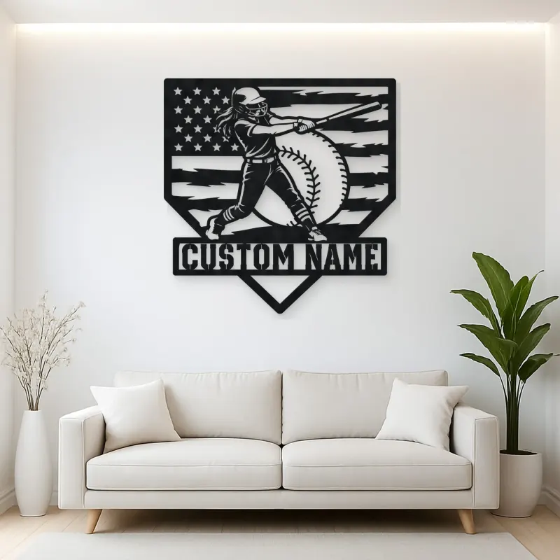 Personalized Female Softball Power Swing American Flag Metal Wall Art