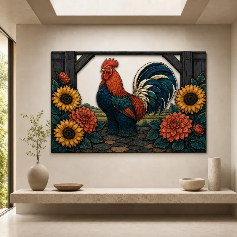 Proud Rooster with Sunflowers by Rustic Barn Colorful Metal Wall Art