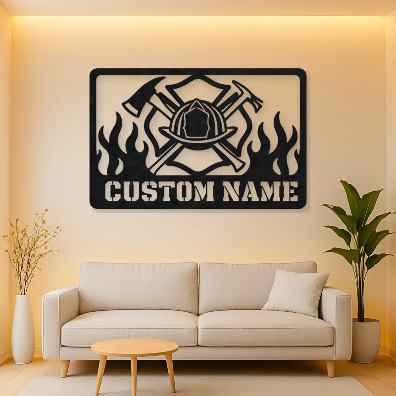 Personalized Firefighter Helmet Metal Wall Art with Flames