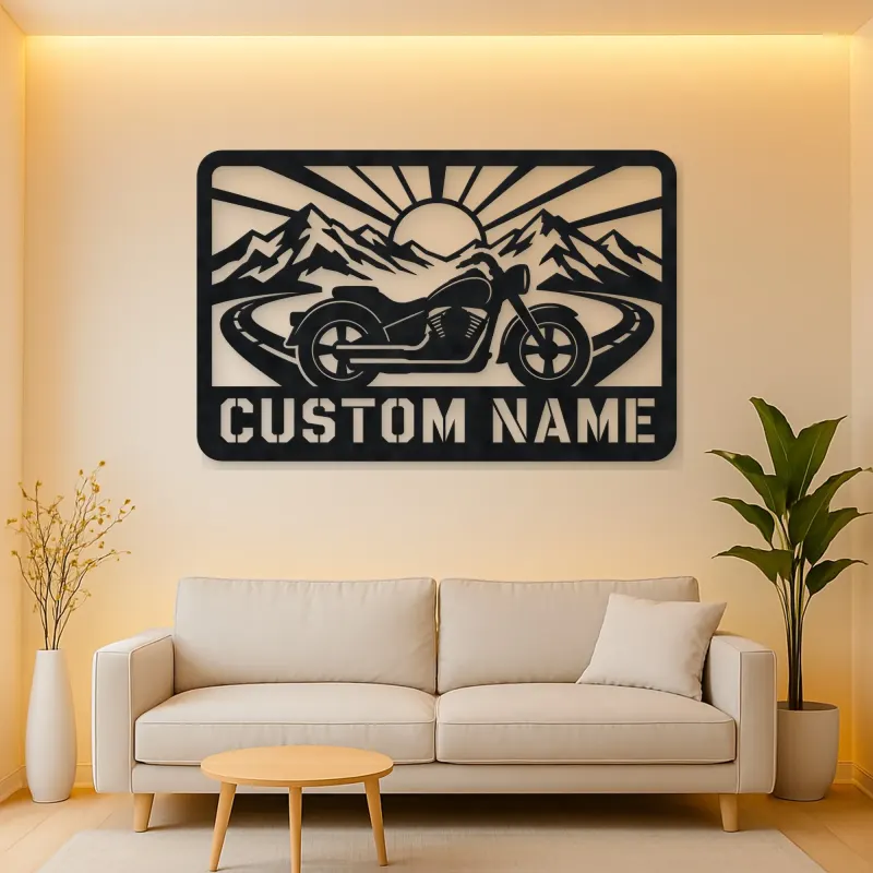 Personalized Cruiser Motorcycle Metal Wall Art with Mountain Road