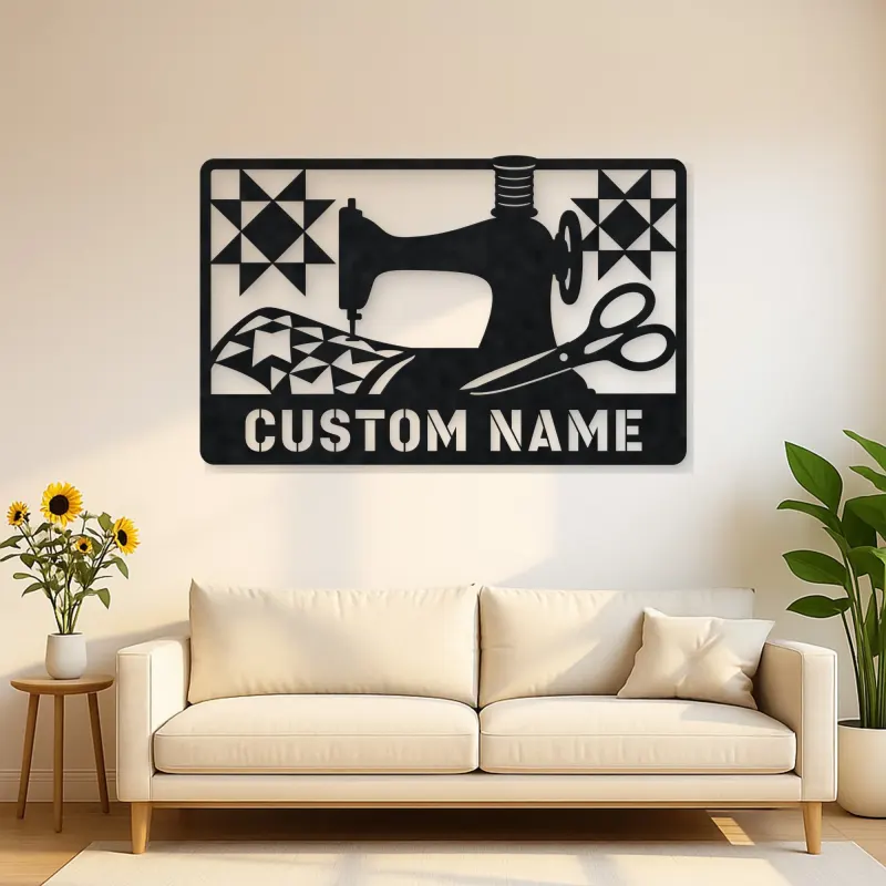 Personalized Sewing Machine Metal Wall Art with Quilt Details