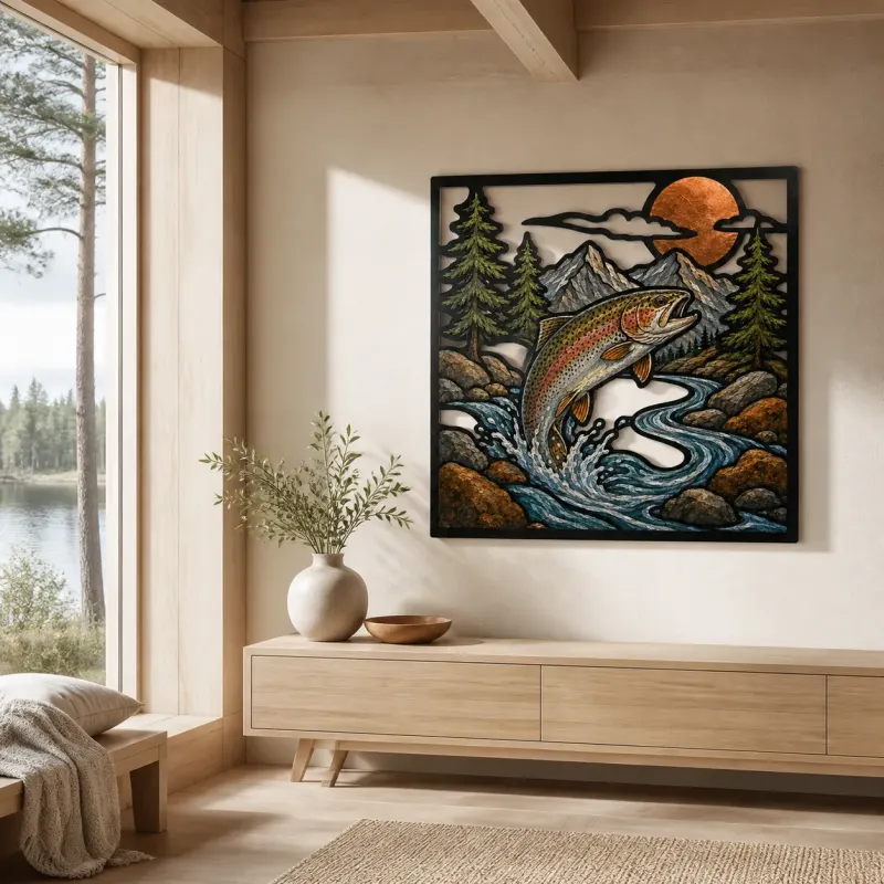 Rainbow Trout Jumping in Mountain River Colorful Metal Wall Art
