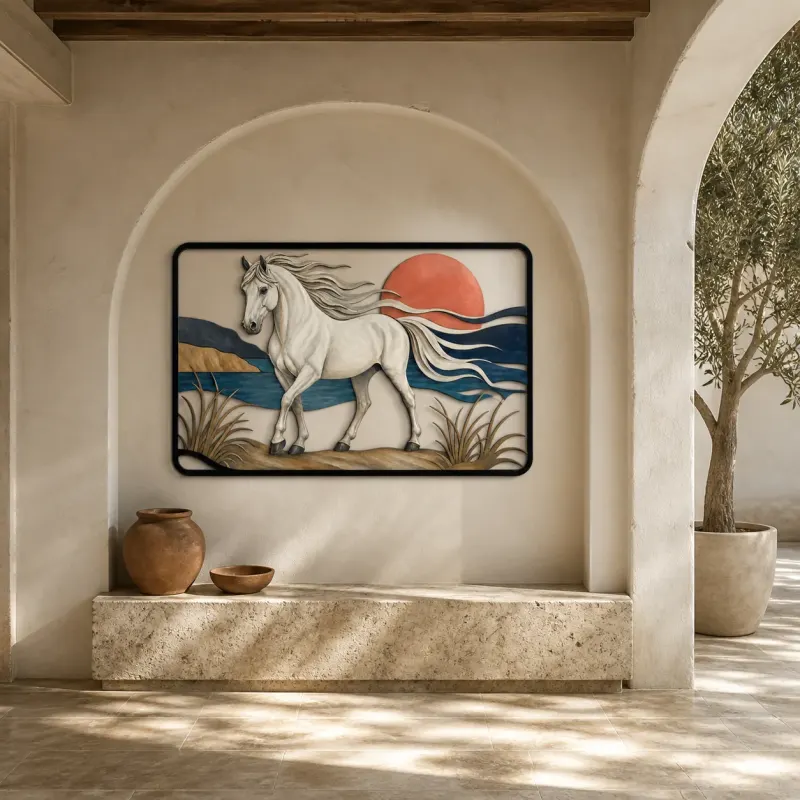 White Horse by Coastal Water at Sunset Colorful Metal Wall Art