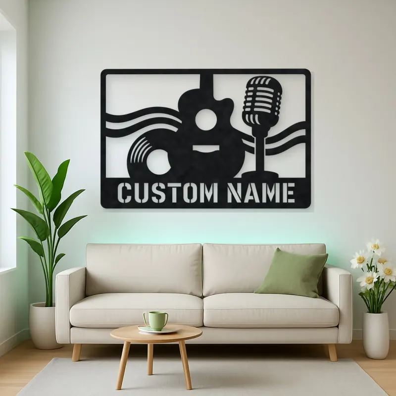 Personalized Vinyl Record Metal Wall Art with Vintage Microphone