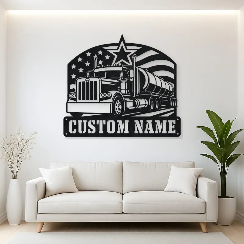 Personalized Tanker Semi Truck American Flag Metal Wall Art