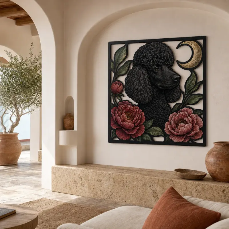 Black Poodle with Pink Peonies and Crescent Moon Colorful Metal Wall Art