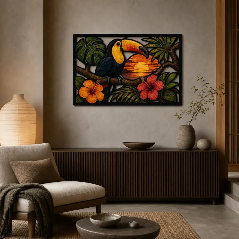 Toucan with Tropical Hibiscus at Sunset Colorful Metal Wall Art